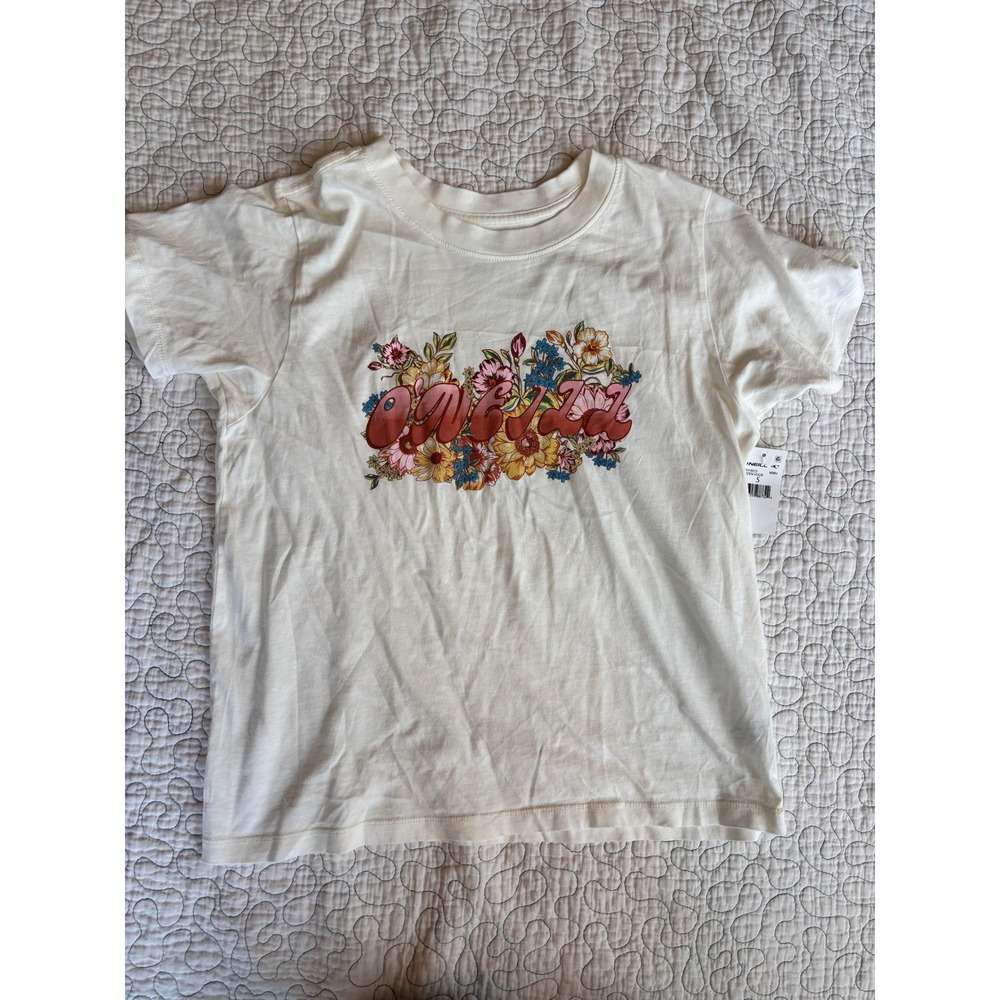 O'Neill Women's Floral Logo Graphic T-Shirt Cream Short Sleeve Surf Tee Small